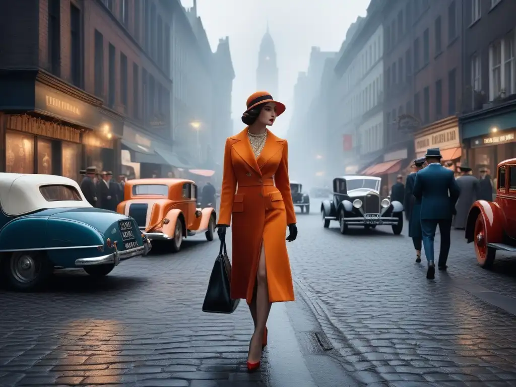 Una calle de la ciudad de los años 20 rebosante de elegancia y moda, con publicidad de tendencias de la época