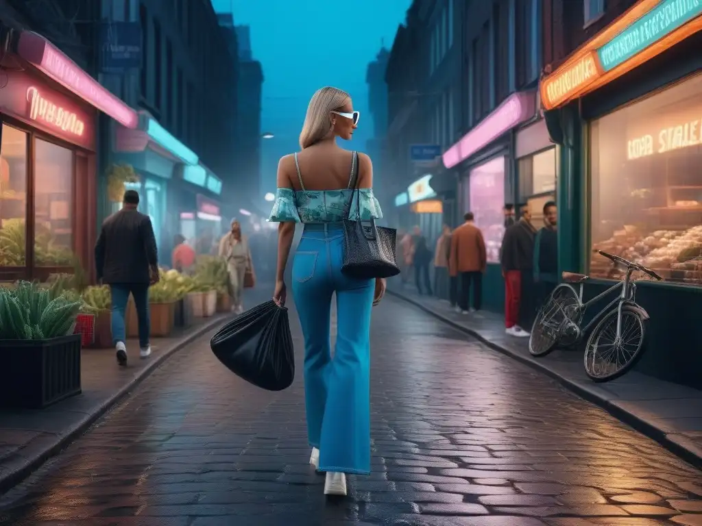 Una calle de ciudad vibrante con moda retro sostenible y accesorios eco, fusionando nostalgia y conciencia ambiental