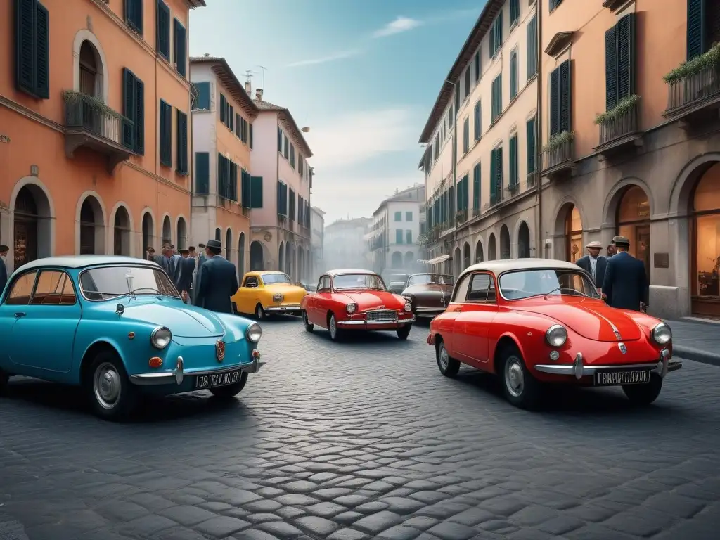 Escena vibrante: Calle italiana de los años 50 con moda y elegancia Una calle italiana de los años 50, con moda icónica y vibrante vida cultural