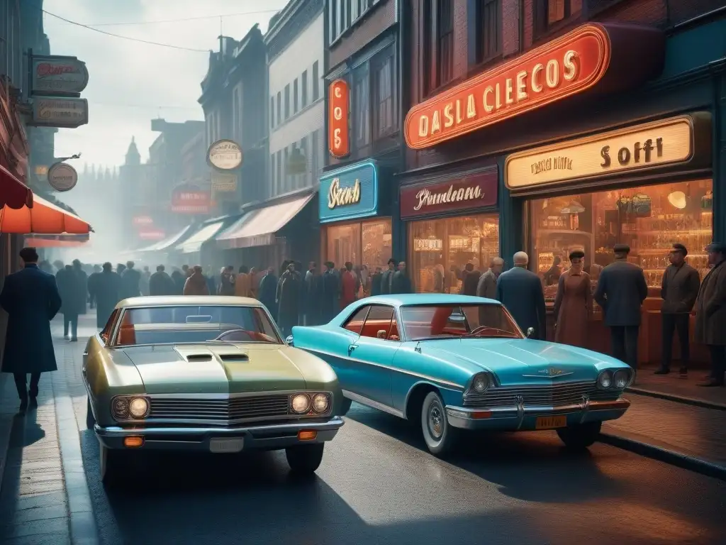 Escena urbana retro: luces de neón, coches vintage y moda nostálgica de los 60s, 70s y 80s Una calle retro bulliciosa con luces de neón, coches vintage y personas vestidas en moda de los años 60, 70 y 80