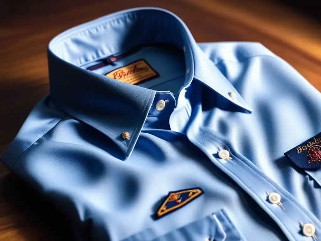 Una camisa retro de Brooks Brothers de los años 50, con detalles de costura e icono bordado, colgada en perchero vintage