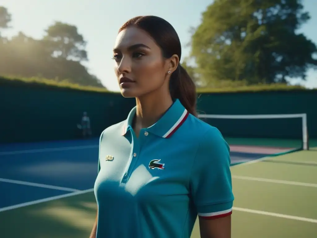 Polo Lacoste vintage con logo de cocodrilo: detalle en 8k Camisa de tenis vintage Lacoste con logo de cocodrilo bordado en pecho, en una cancha retro con raquetas y pelotas, historia de Lacoste en moda