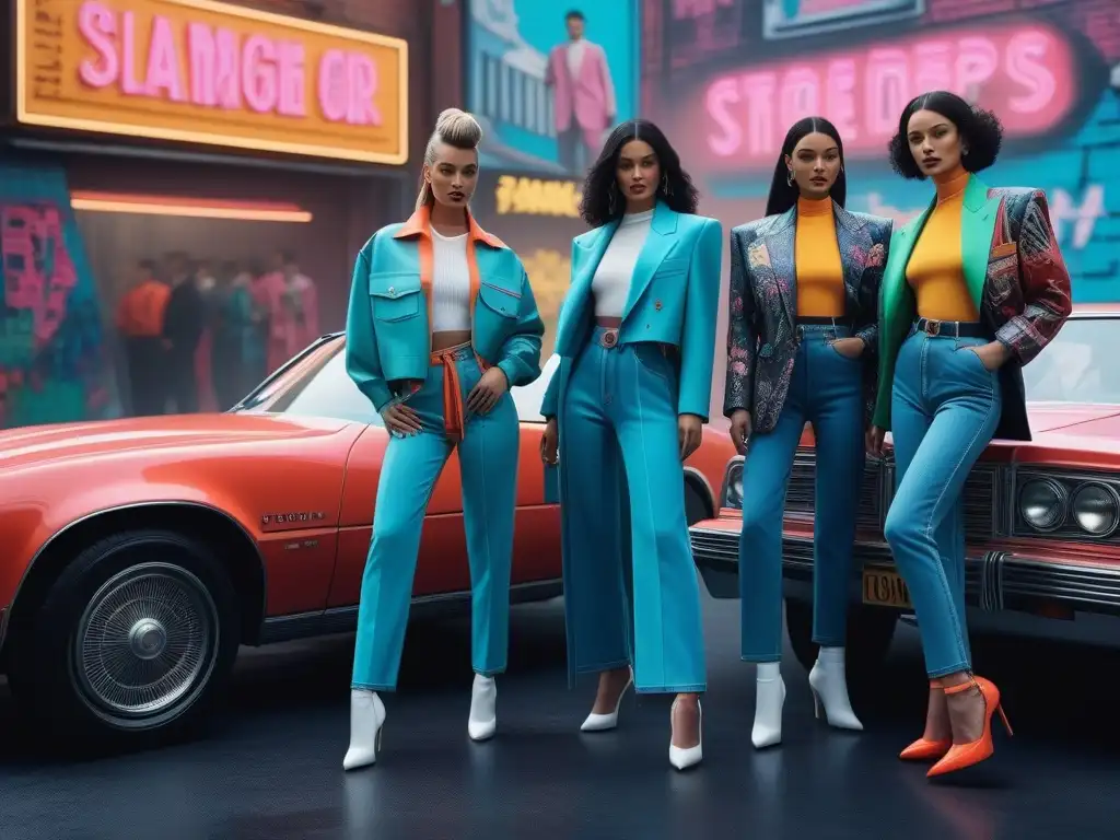 Revival retro de moda: campaña en los 80s con colores neón y estilo vintage Una campaña de marketing de moda retro ambientada en los años 80, con colores neón vibrantes y modelos luciendo estilos retro