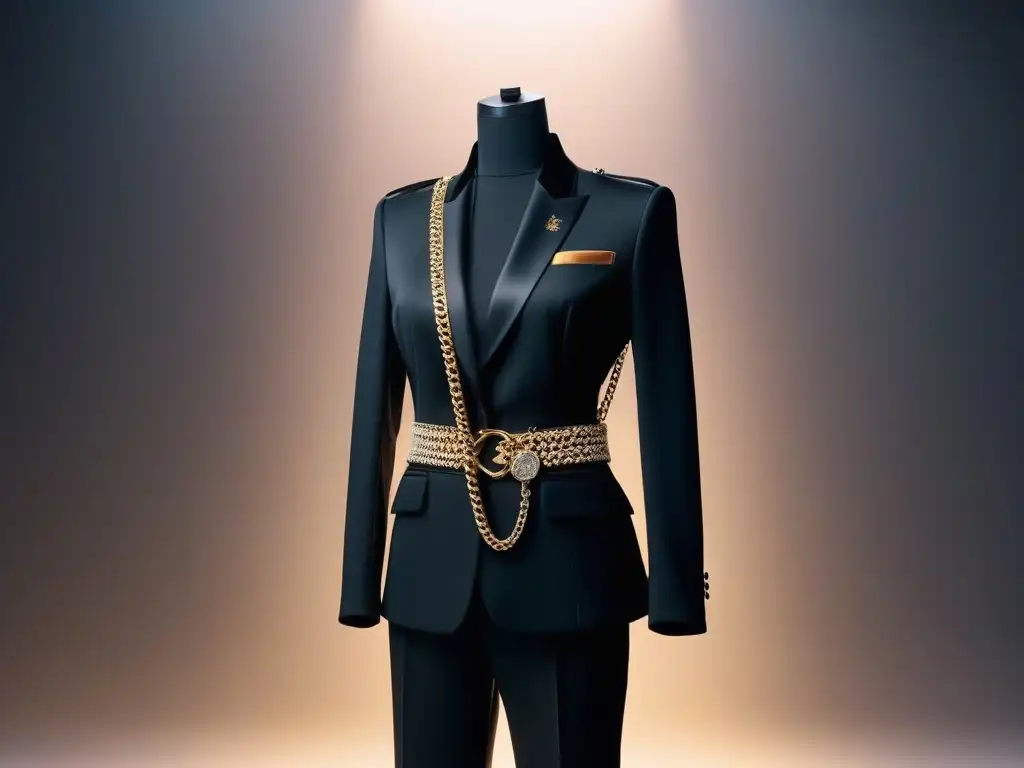 Exquisito cinturón de cadena de oro en maniquí de alta moda Un cinturón de cadena de oro retro adorna un maniquí vestido con elegancia en una boutique sofisticada