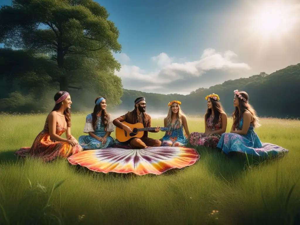 Círculo hippie de jóvenes en la naturaleza Un círculo de jóvenes en ropa tie dye y faldas bohemias, tocando guitarras acústicas en la hierba rodeados de flores
