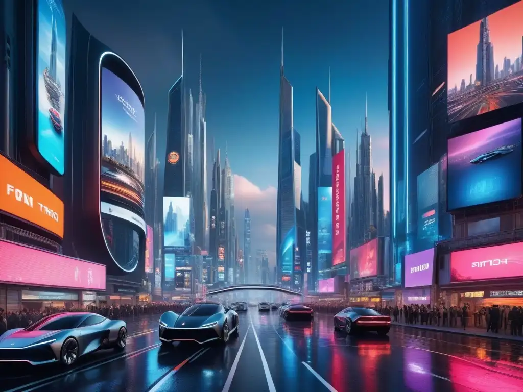 Metrópolis futurista: moda y economía global entrelazadas Una ciudad futurista al atardecer con rascacielos iluminados por luces de neón, autos voladores y vallas publicitarias holográficas mostrando patrones moda economía global retro