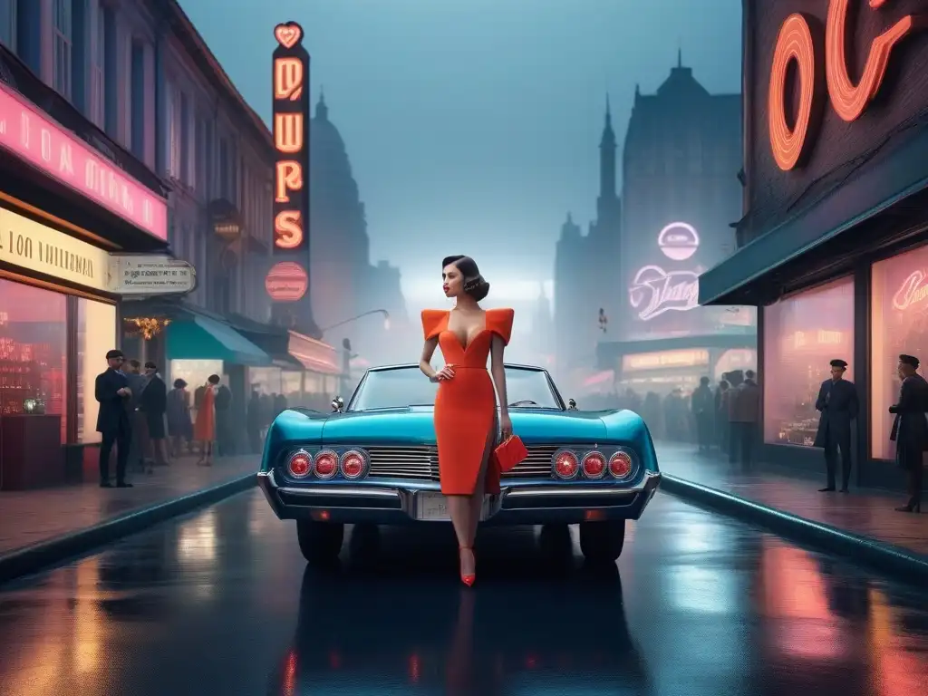 Futurismo retro: ciudad holográfica y moda vintage Una ciudad futurista con elementos retro como discos de vinilo y luces neón, simbolizando la influencia de la moda retro en la era digital