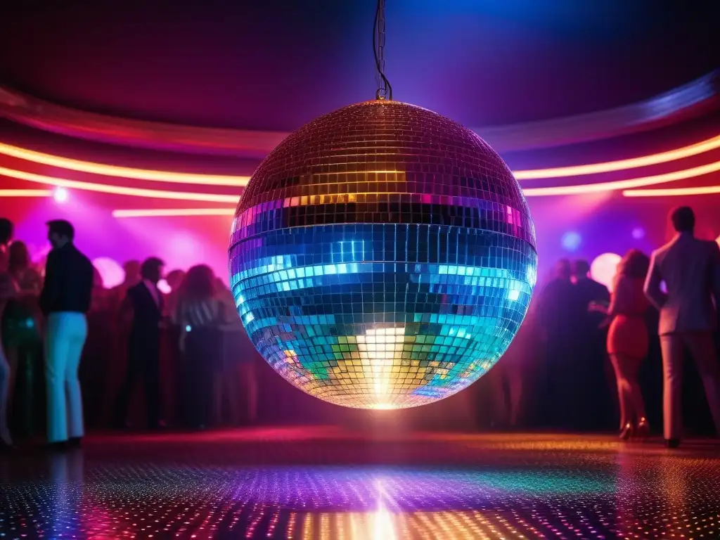 Brillo retro: fiesta disco de los 70 con bola de espejos y luces Un club de los años 70 lleno de energía, con una bola de discoteca brillante y gente bailando con moda retro años 70 discoteca
