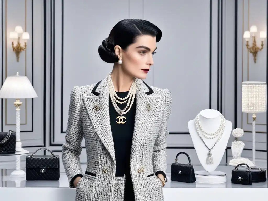 Coco Chanel: Icono de la moda en boutique parisina Coco Chanel en boutique parisina de 1910 rodeada de accesorios icónicos Chanel moda accesorios retro