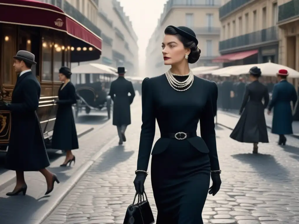 Coco Chanel revolucionando la moda del siglo XX al caminar con elegancia por las calles parisinas