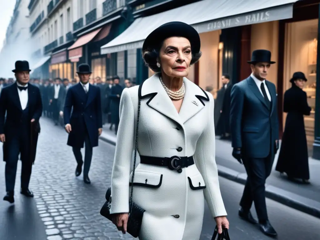 Coco Chanel revolucionando la moda del siglo XX, caminando con estilo en una bulliciosa calle parisina en los años 1910
