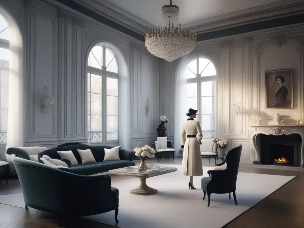 Coco Chanel revolucionando la moda del siglo XX en su atelier parisino, rodeada de elegancia y creatividad