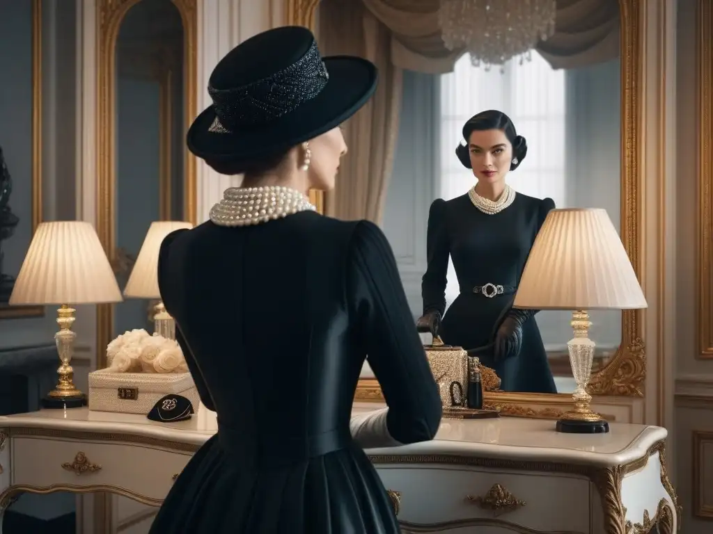 Revolutionary Black Dress: Coco Chanel en el Espejo Coco Chanel ajustando un vestido negro icónico en un lujoso vestidor vintage, rodeada de accesorios clásicos Chanel