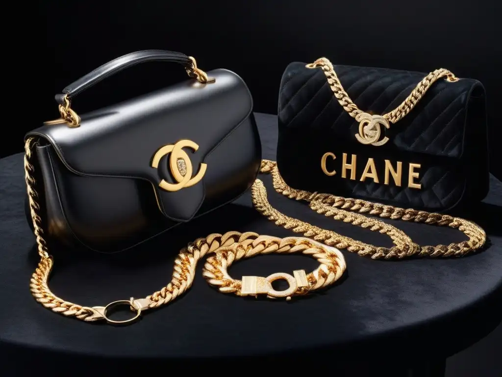 Una colección de accesorios icónicos de diseñadores moda retro años 90 en un elegante exhibidor de terciopelo negro, resaltando lujo y diseño audaz