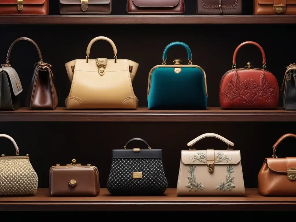 Exquisita colección de bolsos vintage en estantería de terciopelo Una colección de bolsos vintage elegantes exhibidos en un estante de terciopelo
