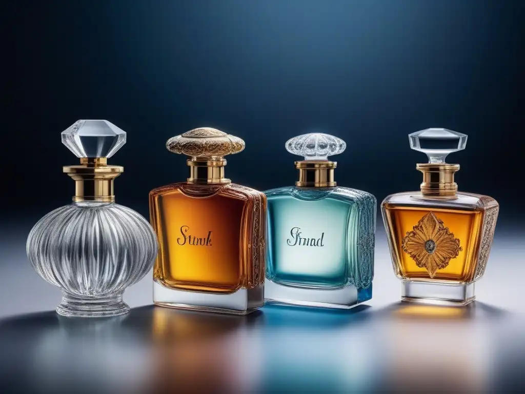 Colección vintage de perfumes: belleza atemporal en detalle Una colección de botellas de perfume retro del siglo XX, detalladas y variadas, sobre una superficie reflectante