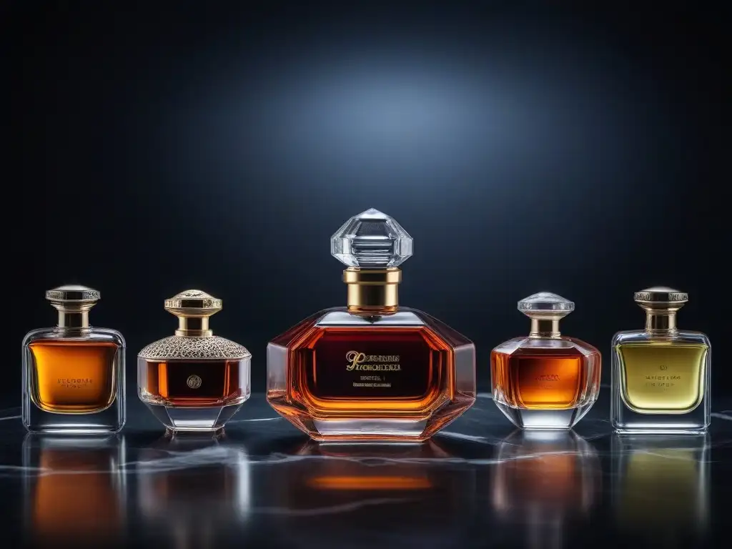 Exquisita colección vintage de perfumes en mármol negro Una colección de botellas de perfume retro del siglo XX, exhibiendo fragancias icónicas en un elegante mostrador de mármol negro