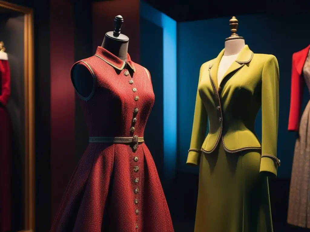 Exquisita colección de moda retro en un museo de elegancia Una colección de moda retro expuesta con cuidado en un entorno museístico, resaltando su valor histórico y artístico