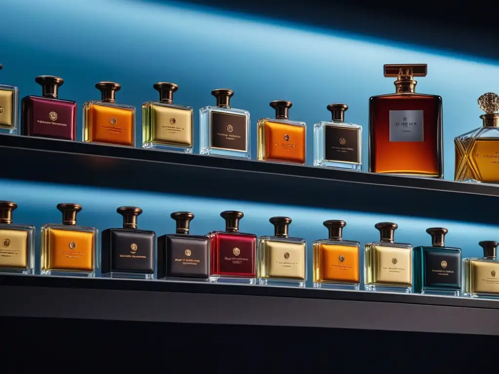 Exquisita colección de perfumes vintage Una colección de perfumes retro históricos del siglo XX, elegantes y nostálgicos en un estante de terciopelo