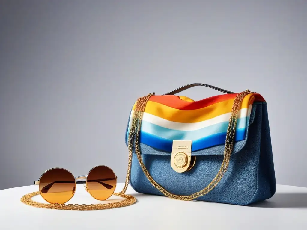 Accesorios retro de los 70: vibrante colección vintage Una colección vibrante de accesorios retro de los 70s: gafas redondas, collar dorado, pañuelo estampado, bolso patchwork y zapatos de plataforma con rayas arcoíris
