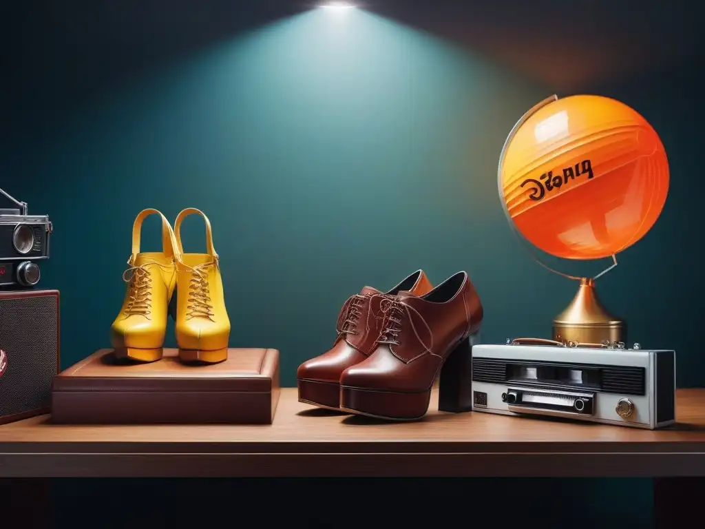 Colección retro de accesorios de los 70 - Vibrante y detallada Una colección vibrante de accesorios retro de los 70 en un estante elegante, con detalles ultrarrealistas y atmósfera nostálgica