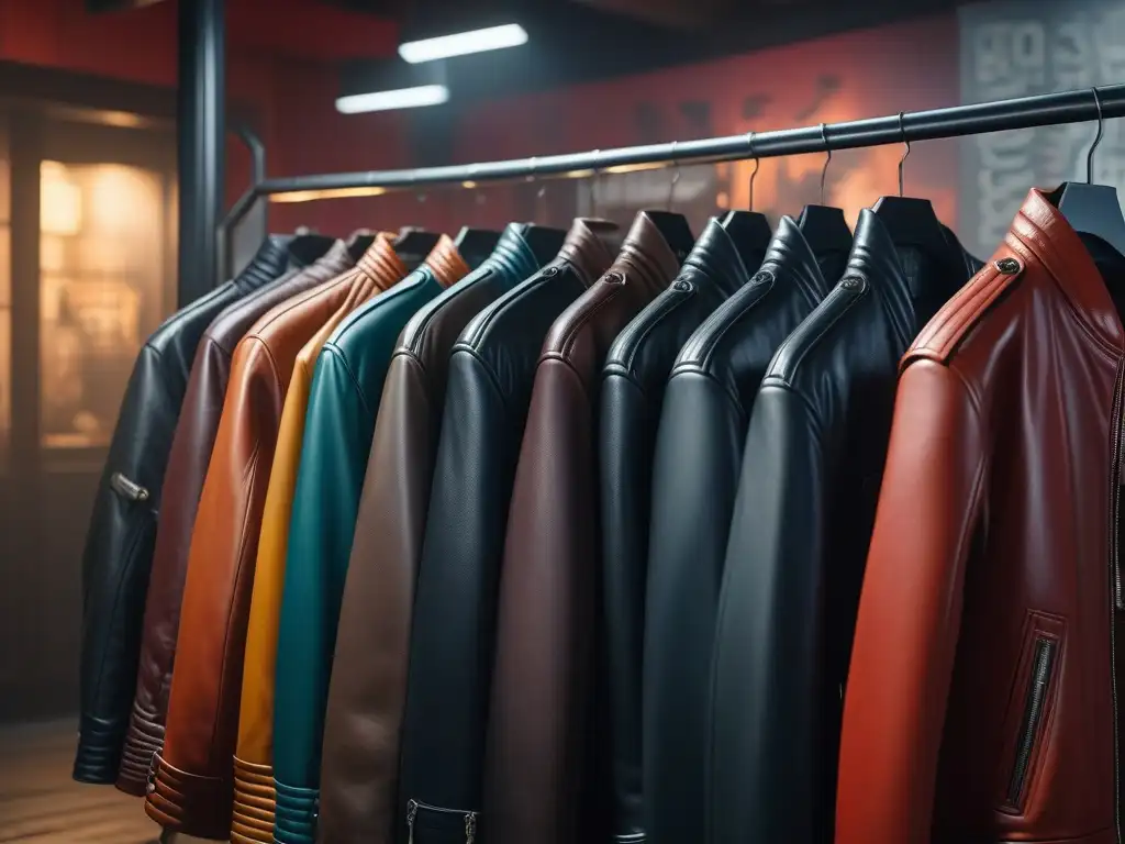 Una colección vibrante de chaquetas de cuero retro 80s cuelga en una tienda vintage