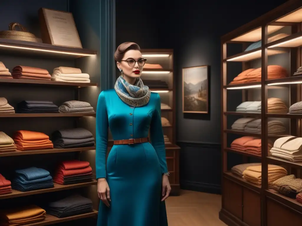 Explorando la elegancia atemporal: colección de moda vintage Una coleccionista de moda retro examina con cuidado un vestido de los años 50, rodeada de prendas únicas y conservadas con valor