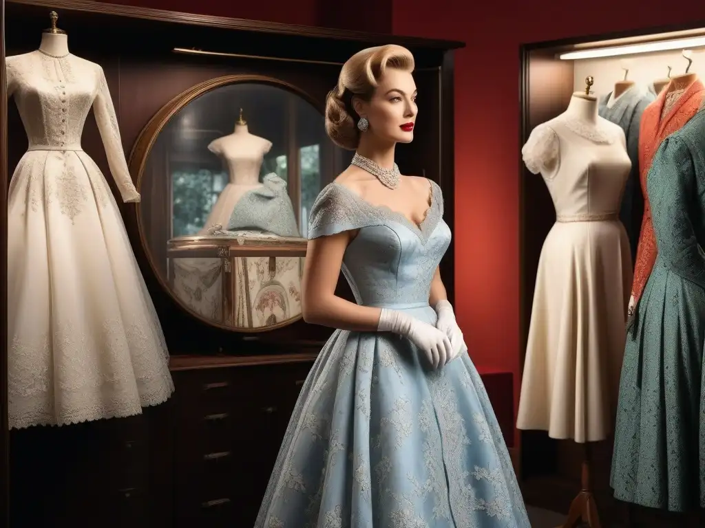 Exquisita inspección de vestido retro de los años 50 Coleccionista de moda retro valora con cuidado un vestido vintage de los años 50 en una sala de conservación iluminada