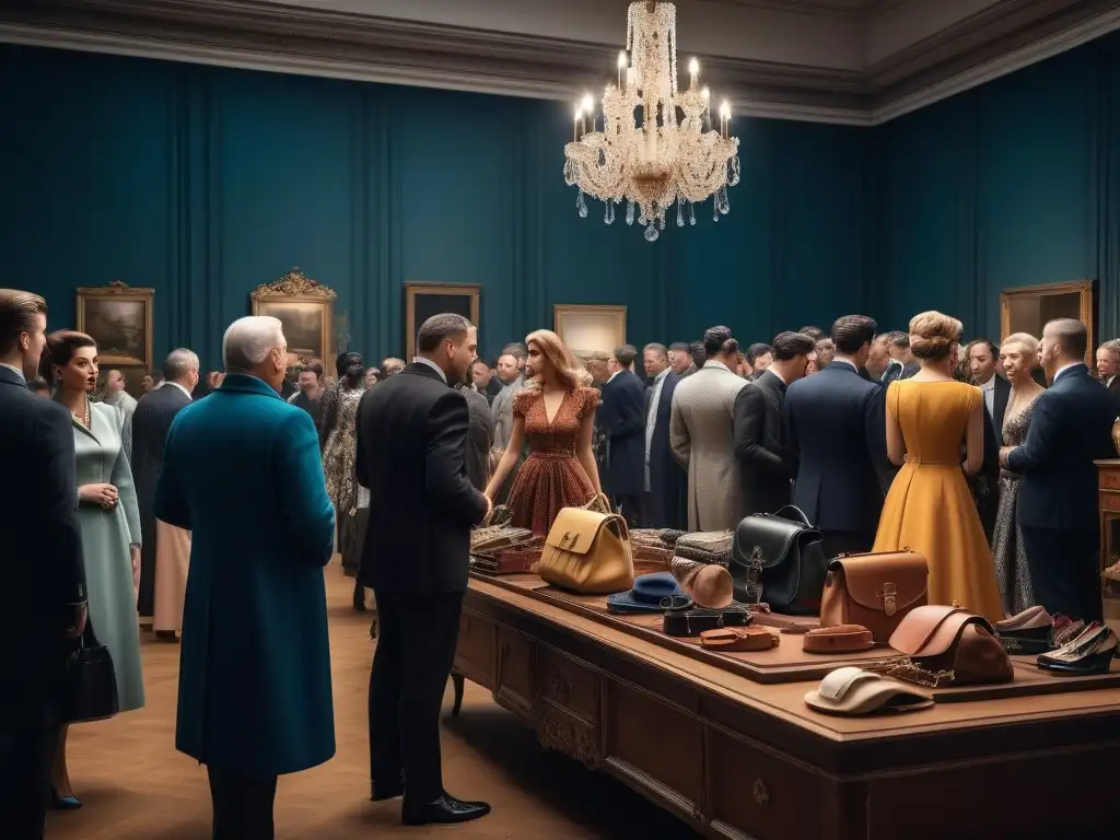 Subasta de Moda Vintage: Lujo y Emoción Coleccionistas de moda examinan accesorios retro en subasta de lujo, rodeados de elegancia y emoción