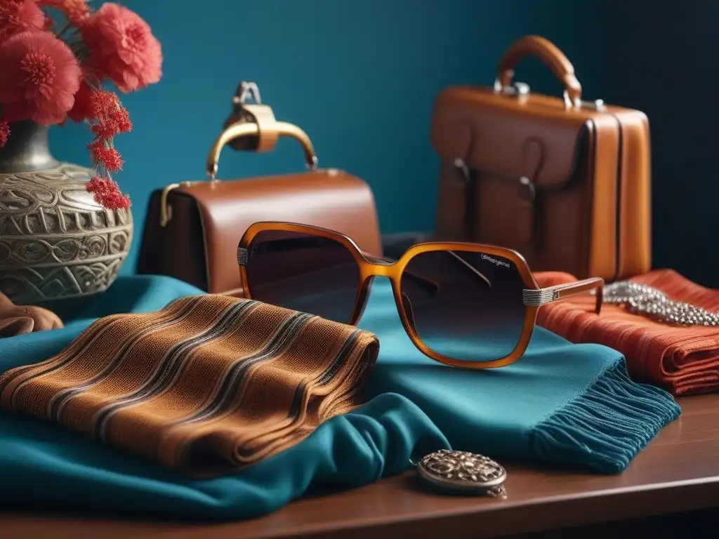 Accesorios vintage de los 70: elegancia y nostalgia Collage vibrante de accesorios retro de los 70 en perfecto estado, con colores ricos y patrones audaces