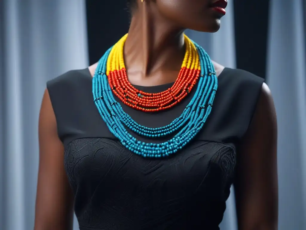 Collar africano de cuentas hecho a mano: detalle y color vibrante Un collar africano de cuentas hecho a mano, detallado y realista, con colores vibrantes y patrones intrincados