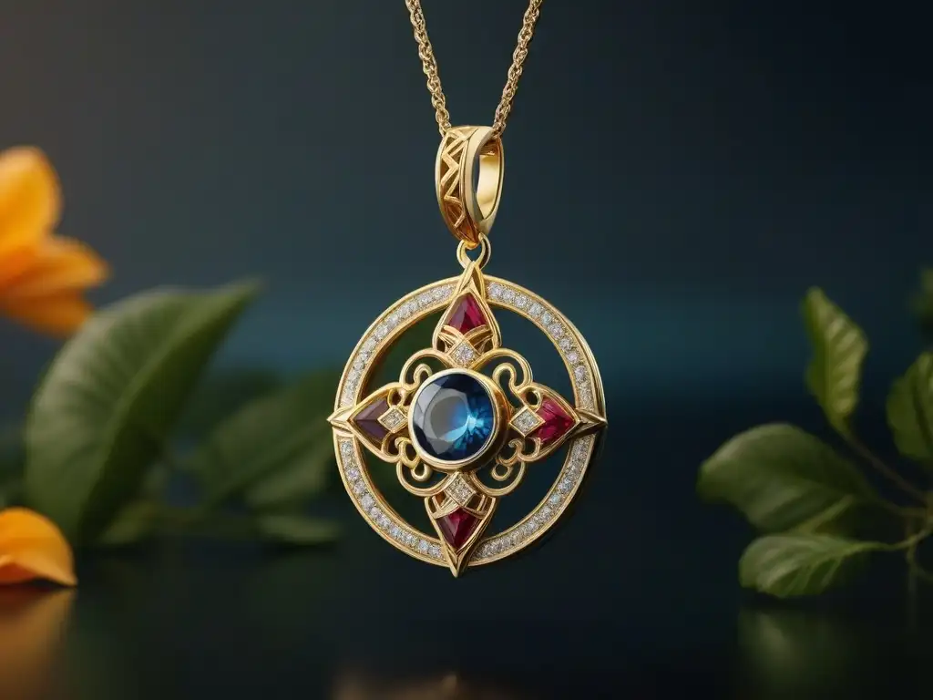 Collar de oro africano: símbolos de fuerza y herencia Collar de oro inspirado en África con filigrana detallada y gemas vibrantes, reflejando la diversidad y belleza del continente