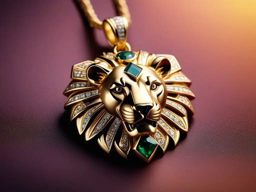 Collar de oro con diseño africano y gemas, inspirado en la fuerza del león Collar de oro inspirado en tribus africanas con gemas en forma de león, simbolizando fuerza y valor, en la sabana al atardecer