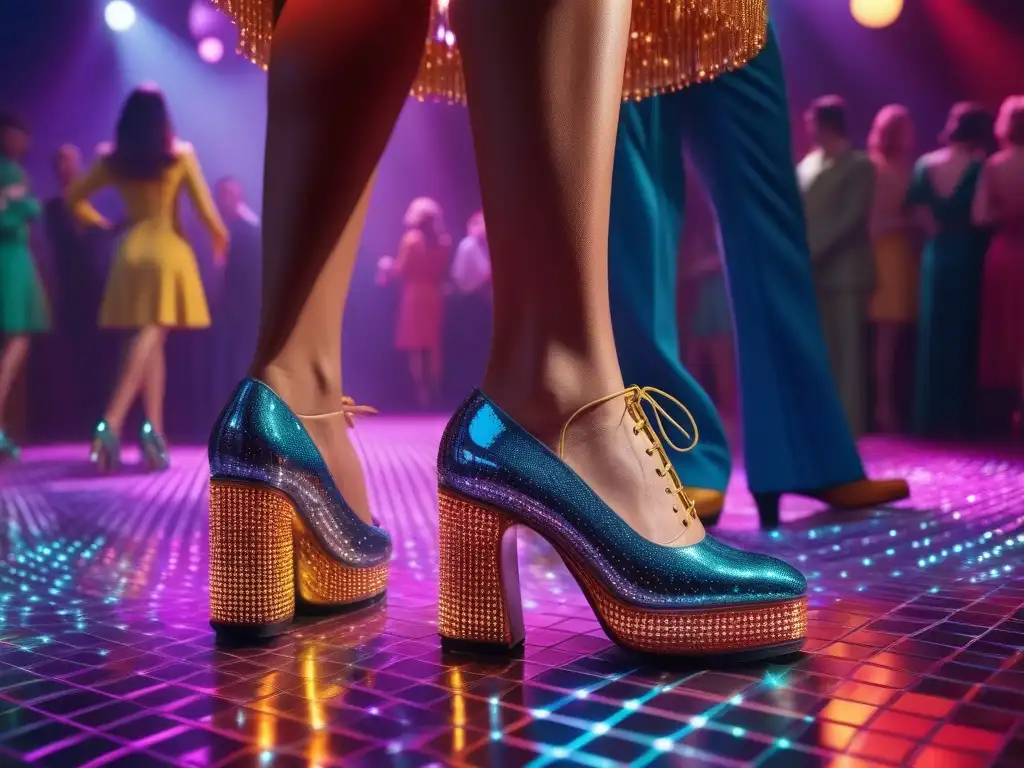 Escena disco de los 70 con zapatos de plataforma Un colorido piso de baile disco de los años 70 lleno de personas con plataformas retro moda siglo XX bailando bajo la bola de espejos