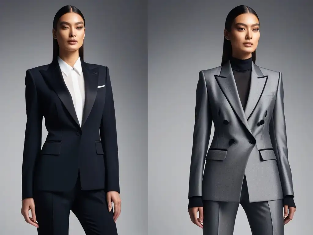 Duelo de Elegancia: Le Smoking vs Armani Power Suit Una comparativa detallada de trajes retro siglo XX: Yves Saint Laurent Le Smoking y Armani Power Suit, destacando elegancia y sofisticación