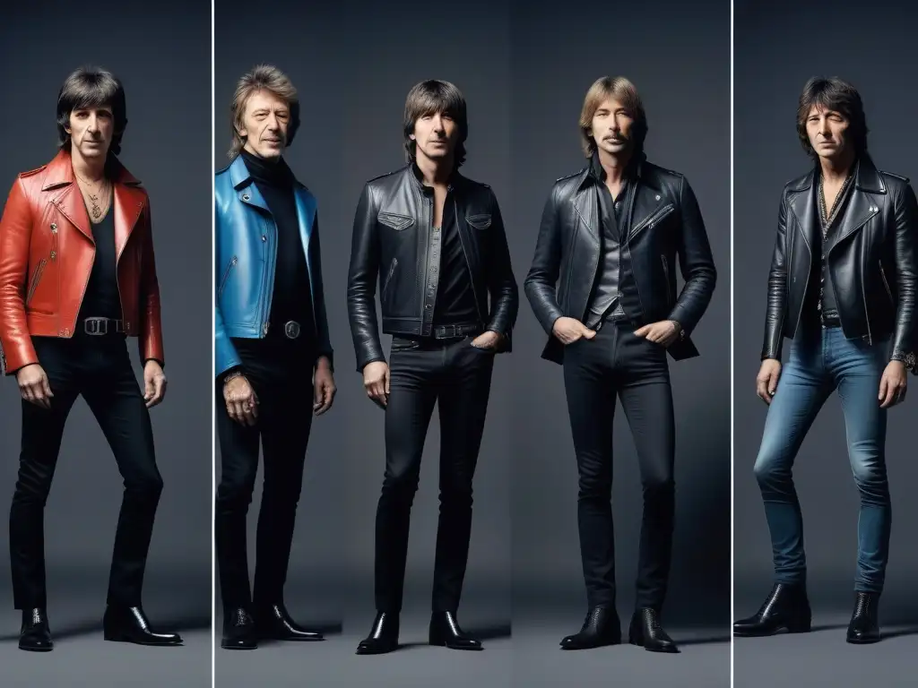 Comparativa estilos moda Beatles Rolling Stones: ilustración detallada de sus distintivos looks de los 60, mod y rock 'n' roll