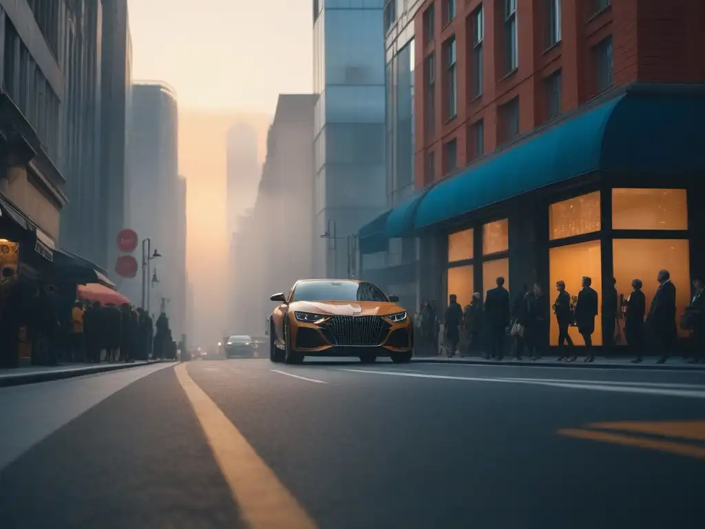 Cityscape moderno al atardecer: metrópolis vibrante y sofisticada Comparativa gafas sol retro: Atardecer en una ciudad moderna con rascacielos y gente, reflejando la energía urbana