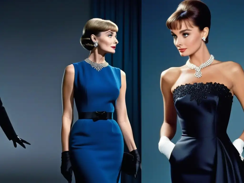Comparación de Audrey Hepburn y Lady Di en vestidos icónicos: elegancia vs Comparativa de icónicos vestidos noche: Audrey Hepburn con vestido Givenchy y Lady Di con vestido Versace, elegancia y glamour fusionados