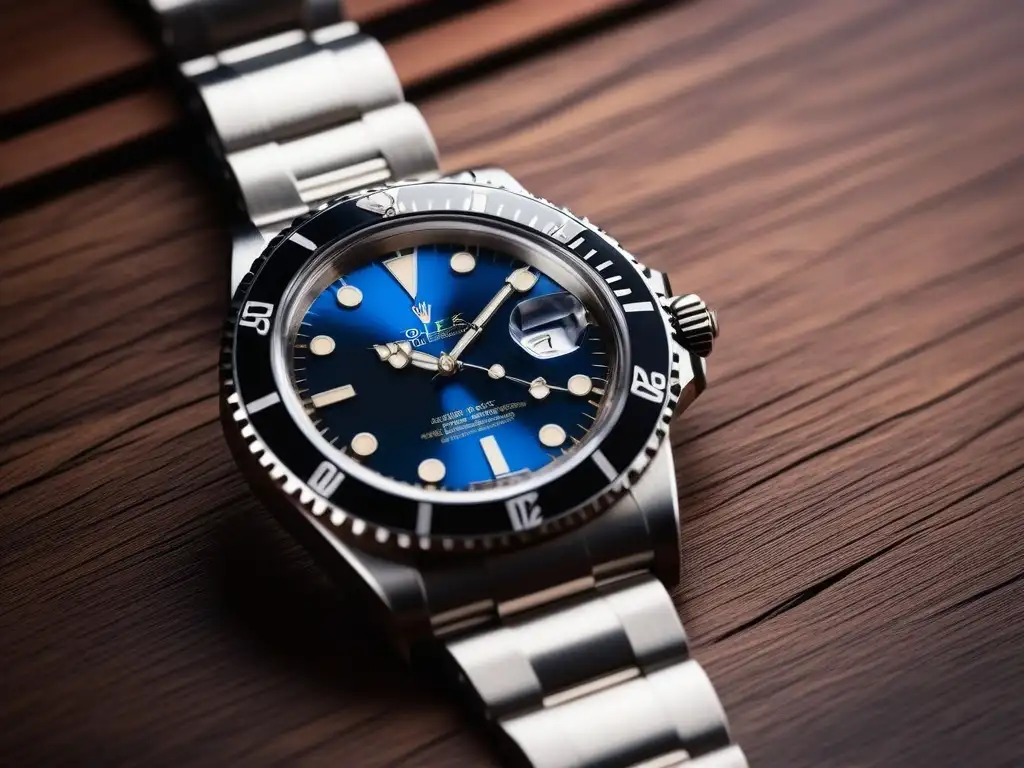 Rolex Submariner 1966 y Omega Seamaster 1970: Elegancia atemporal en 8k Comparativa relojes vintage submarinos 1966 y 1970 en mesa de madera oscura: Rolex Submariner negro y Omega Seamaster azul, destellos de elegancia