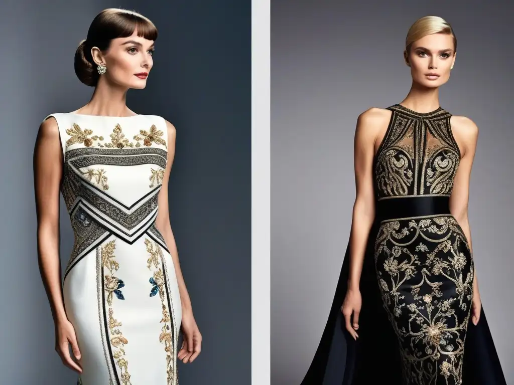 Comparación icónica: Givenchy vs Comparativa de vestidos de noche icónicos: el clásico de Givenchy y el deslumbrante de Versace, detalle a detalle
