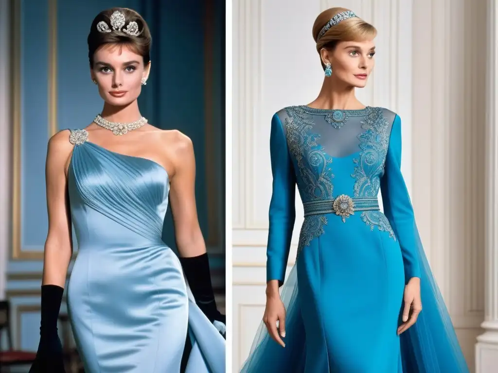 Duelo de icónicos vestidos: Givenchy vs Comparativa de vestidos noche icónicos: el elegante vestido negro de Givenchy y el deslumbrante vestido azul de Versace