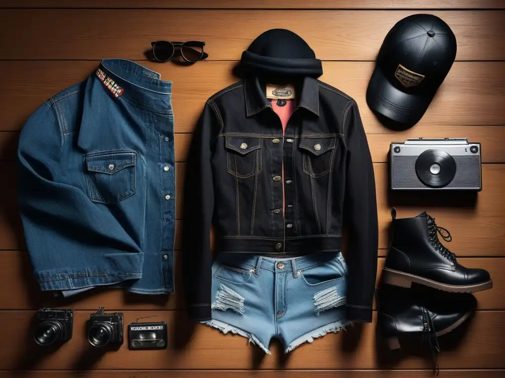 Composición grunge 90s: moda y nostalgia en detalle Una composición detallada de elementos icónicos del estilo grunge de los años 90, evocando una atmósfera nostálgica y edgy