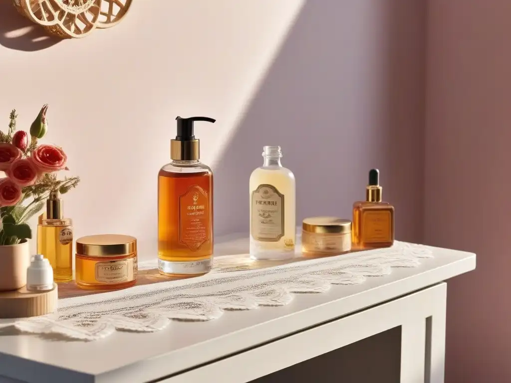 Una composición nostálgica de una mesa de tocador vintage con una variedad de tónicos faciales retro, en un baño minimalista