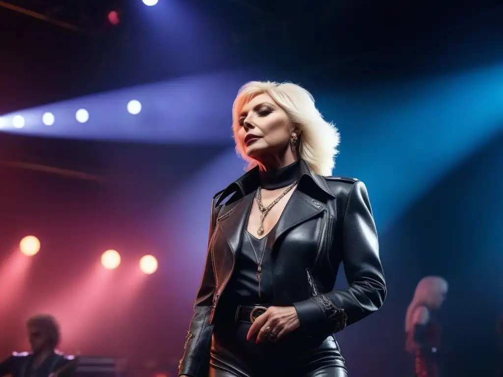Debbie Harry de Blondie: Icono del punk en los 70s Debbie Harry de Blondie en concierto, derrochando actitud punk en un escenario retro con luces de colores
