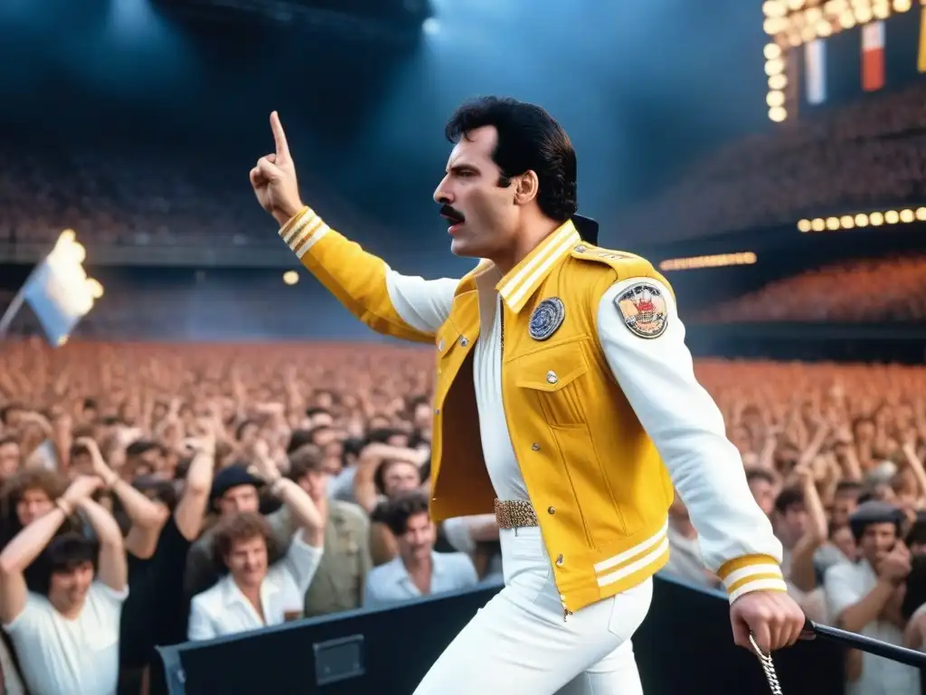 Freddie Mercury en Live Aid: icónico momento vibrante Freddie Mercury en concierto benéfico con moda retro: icónico momento en Live Aid 1985