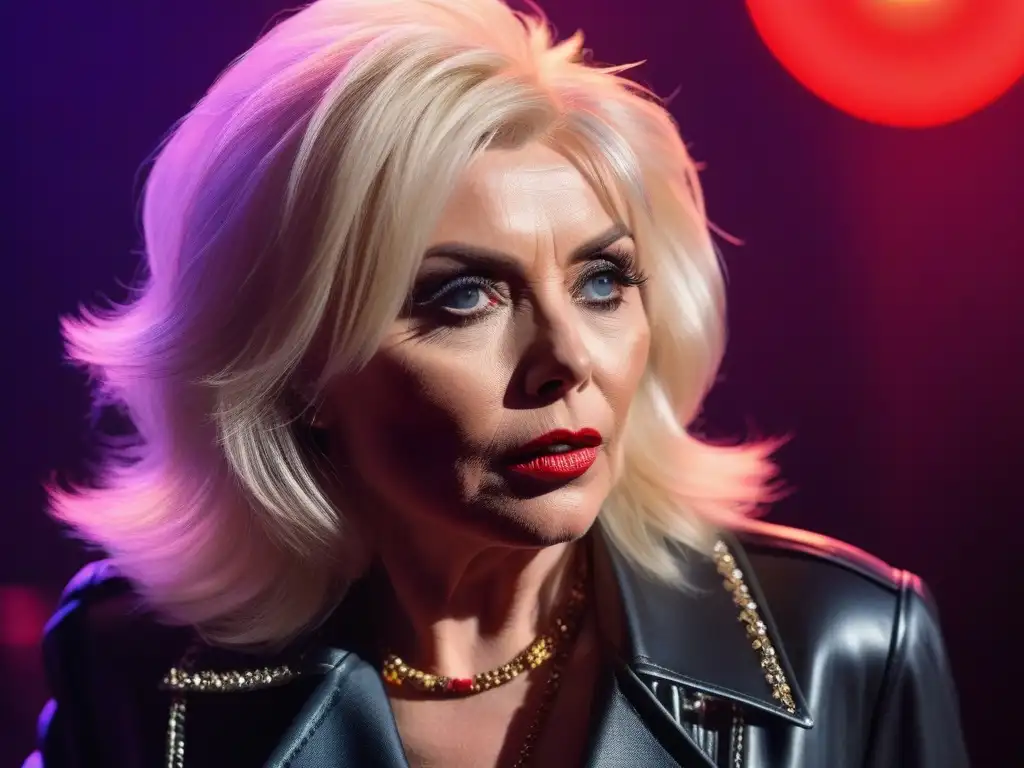 Debbie Harry de Blondie: Ícono punk en escena Debbie Harry de Blondie en concierto, moda retro años 70 punk