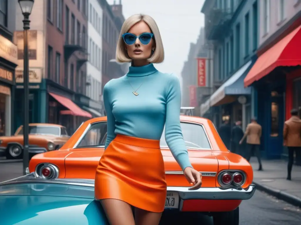 Twiggy en la ciudad: moda y empoderamiento en los años 60 Twiggy desfila con confianza en la vibrante ciudad de los años 60