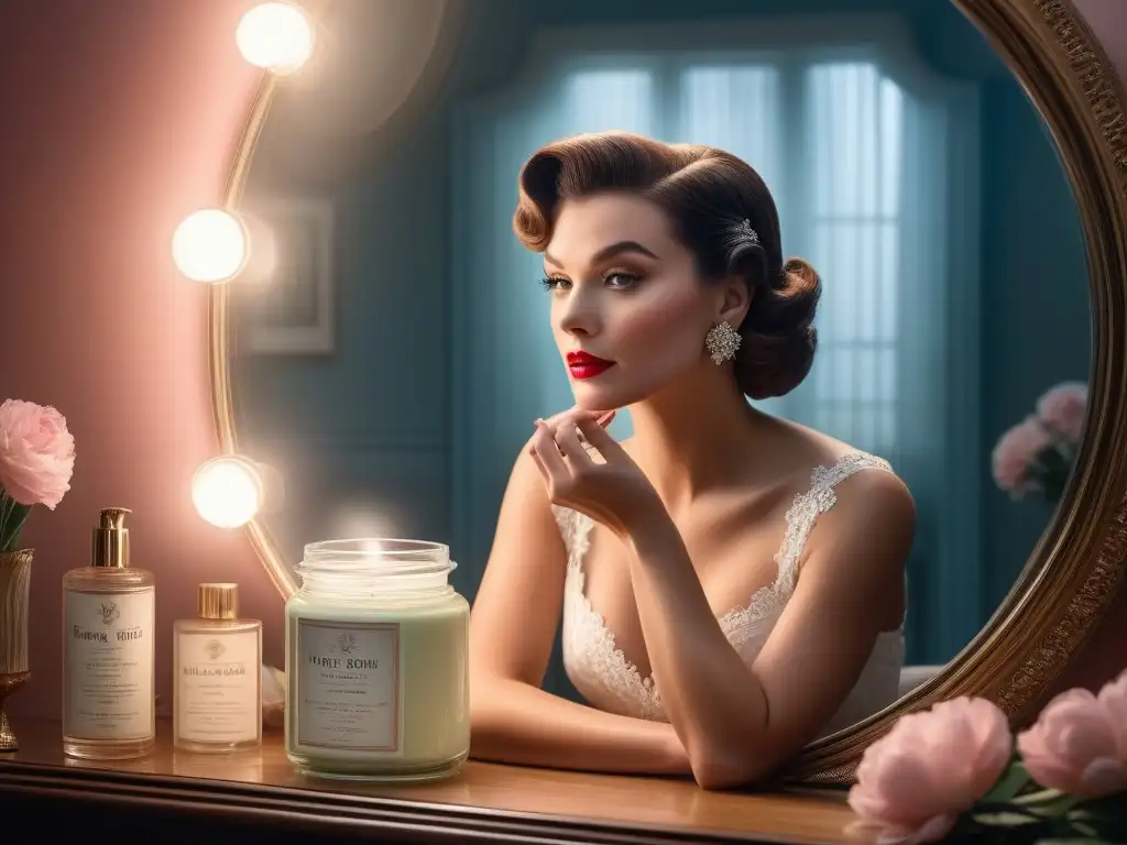Una dama glamorosa de los años 50 aplicando crema facial en un tocador vintage, evocando la elegancia del cuidado de la piel años 50