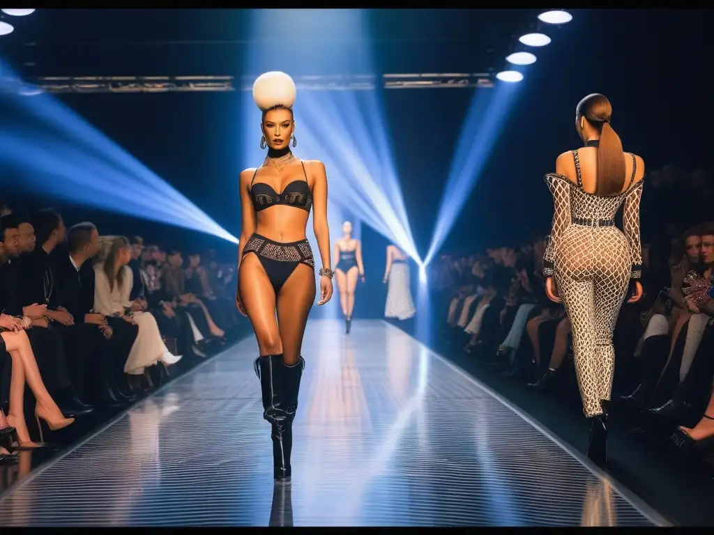 Desfile retro de moda: Jean Paul Gaultier en los 90s Un desfile detallado de moda retro de Jean Paul Gaultier en los años 90, con diseños icónicos y vanguardistas