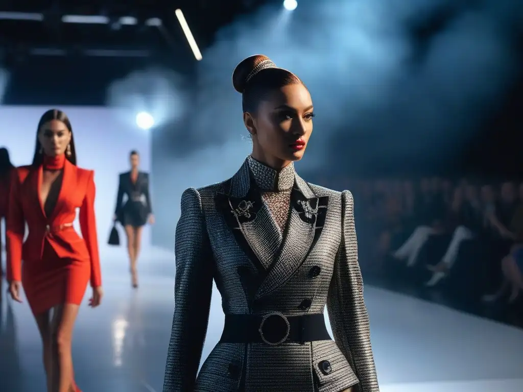 Desfile de moda impactante con diseñadores vanguardistas y reacciones en la audiencia Un desfile en un evento de moda de alto perfil con diseños vanguardistas y controversiales